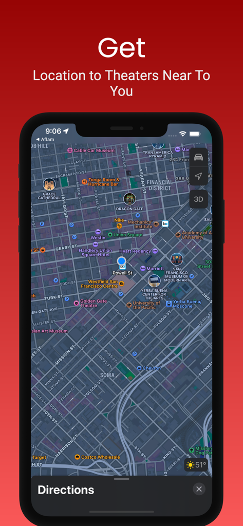 In-app map feature showing movie theaters and cinemas near the user's current location.