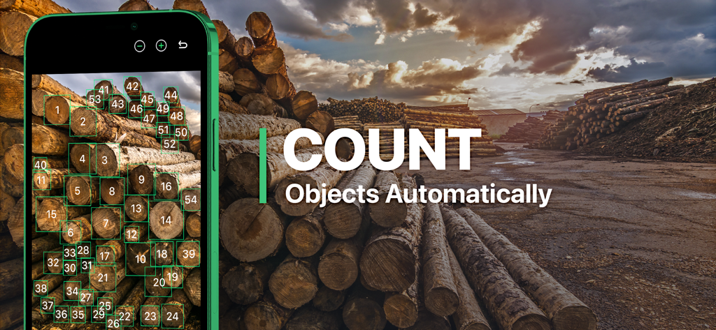Count This - Counting App - A smartphone screen using the Count This app to automatically count logs in a lumber yard