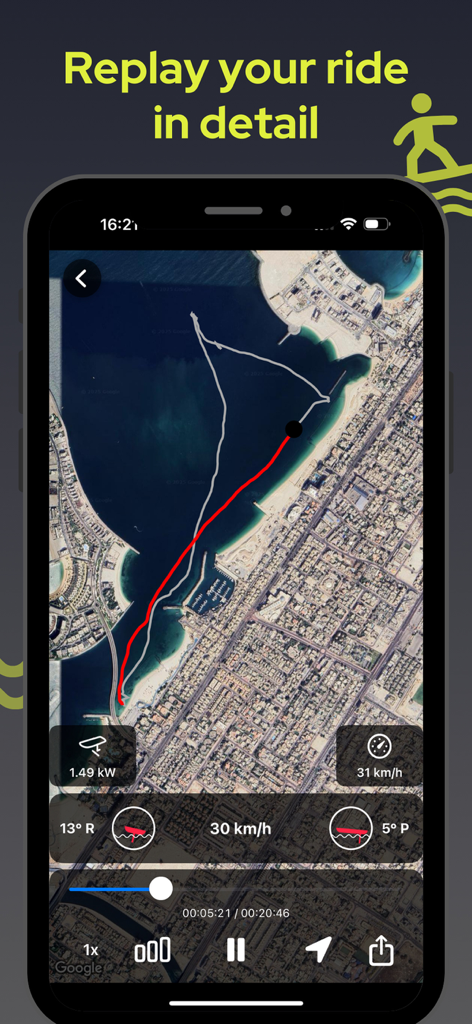 SiFly eFoils - Interfaz de la aplicación SiFly eFoils que muestra una repetición detallada de seguimiento de sesión GPS con datos de velocidad y potencia en un mapa costero.