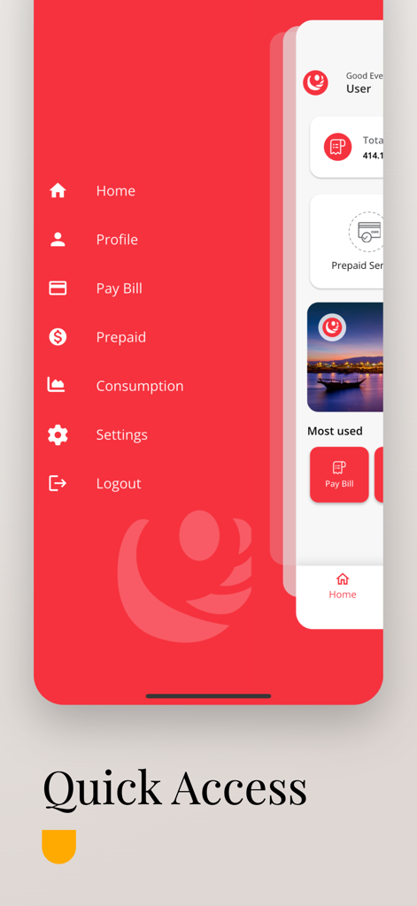 Nama Services mobile app interface showing the side navigation menu and quick access features