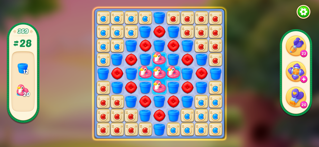 Makeover Master - Home Design - Gameplay screenshot of Makeover Master showing a colorful match 3 puzzle board with home-themed icons and power-up boosters