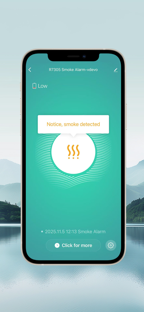WOOX Home - Ein Smartphone, das eine Rauchmelder-Benachrichtigung in der WOOX Home App anzeigt