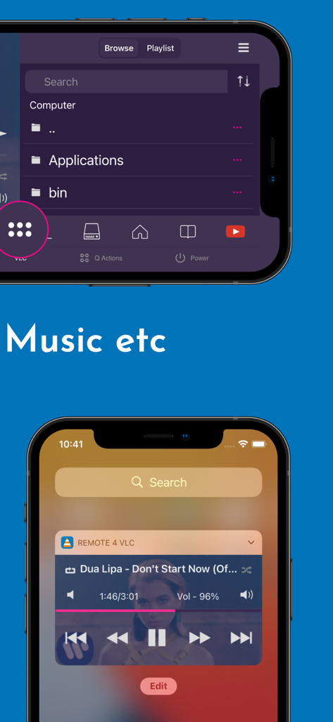 Mobile app interface for VLC remote showing a computer file browser and lock screen music playback controls