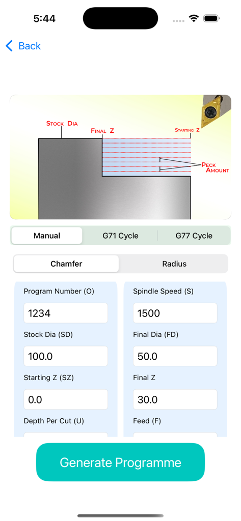 Cnc Turning Programming Pro - CNC Turning Programming Pro app interface showing parameters for generating G-code with a technical turning diagram