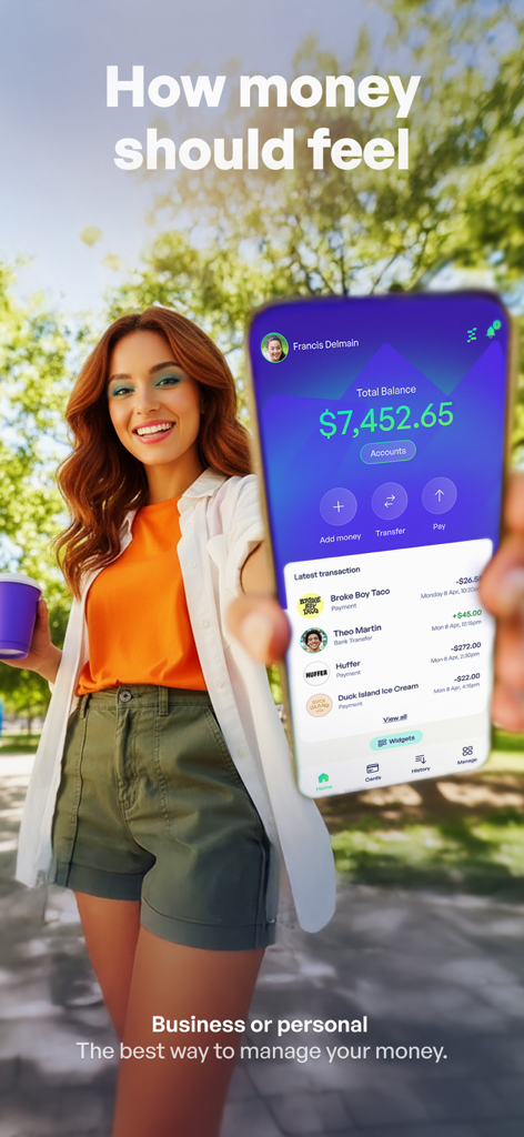 Emerge: Money Made Easy - A woman holding a smartphone showing the Emerge app dashboard with a balance of over 7000 dollars and a list of recent transactions