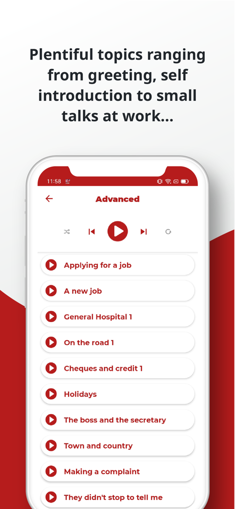 English ー Listening・Speaking - Pantalla de temas avanzados de aprendizaje de inglés que muestra módulos de conversación de negocios y de lugar de trabajo