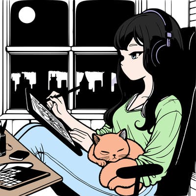 peaceful lofi girl sitting on her gaming chair with a calm atmosphere listening to jazz music with her black headphones. sitting sleepily on her lap is her white cat with blue eyes. she is journaling with an apple pencil on her ipad pro.  there is a window which has a sight of of beautiful city skyscrapers. it is night time