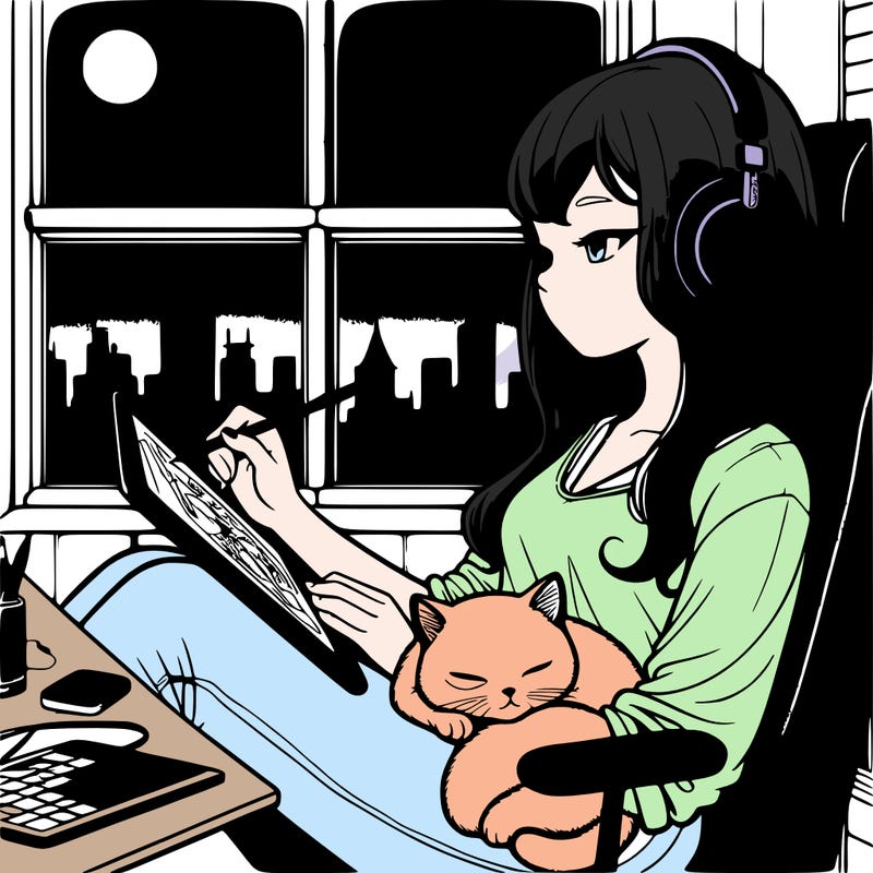 peaceful lofi girl sitting on her gaming chair with a calm atmosphere listening to jazz music with her black headphones. sitting sleepily on her lap is her white cat with blue eyes. she is journaling with an apple pencil on her ipad pro.  there is a window which has a sight of of beautiful city skyscrapers. it is night time
