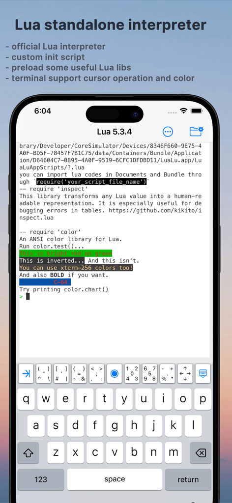 Lua IDE app interface showing the standalone interpreter and terminal with color support.