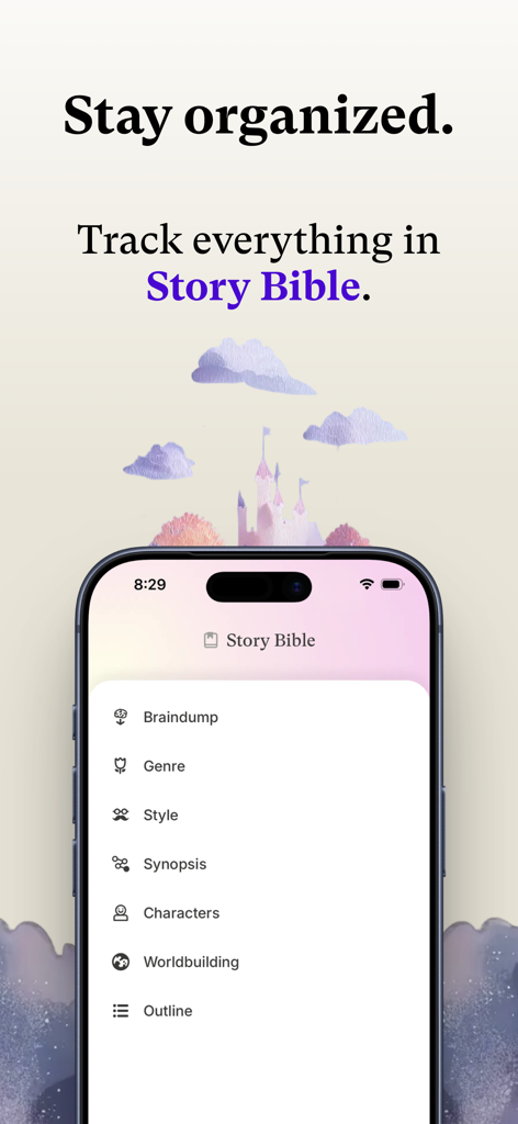 A mobile interface of Sudowrite showing the Story Bible feature with sections for genre style characters and worldbuilding