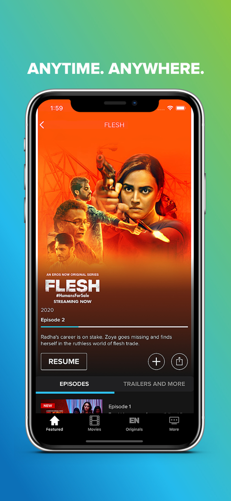 Eros Now mobile app interface showcasing the original series Flesh on an iPhone