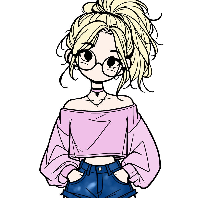 girl with a messy ponytail glasses a baggy crop top and jean shorts