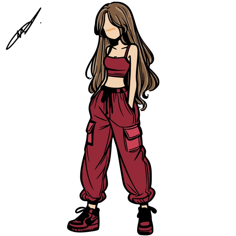 girl in baggy pants crop top and long hair