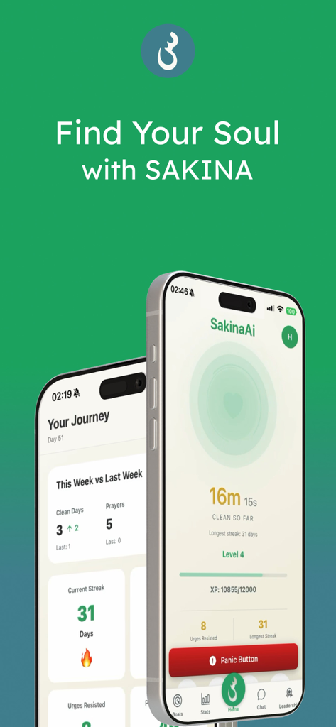 SakinaAI mobile app interface displaying spiritual journey tracking and an emergency panic button