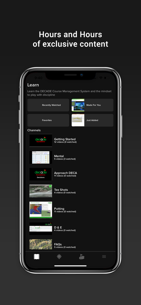 Die Benutzeroberfläche der DECADE-App zeigt exklusive Videokanäle für Golfstrategie und Performance-Optimierung
