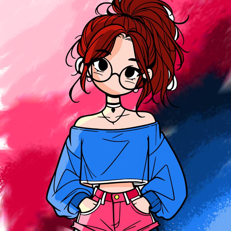 girl with a messy ponytail glasses a baggy crop top and jean shorts