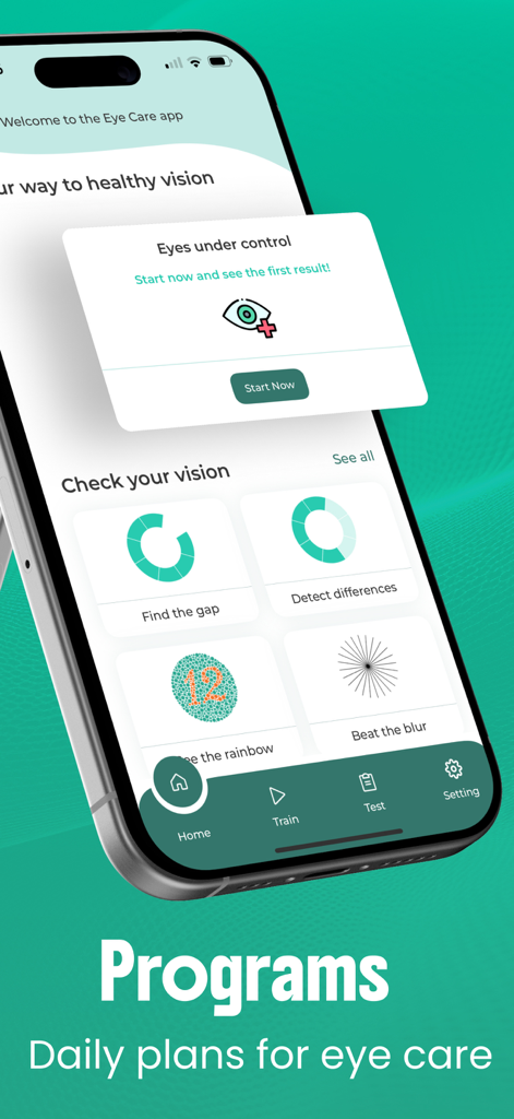 Eye Test: Check Your Vision - Panel de control de la aplicación Eye Test que muestra programas diarios de cuidado ocular y pruebas de detección de visión en un dispositivo móvil.