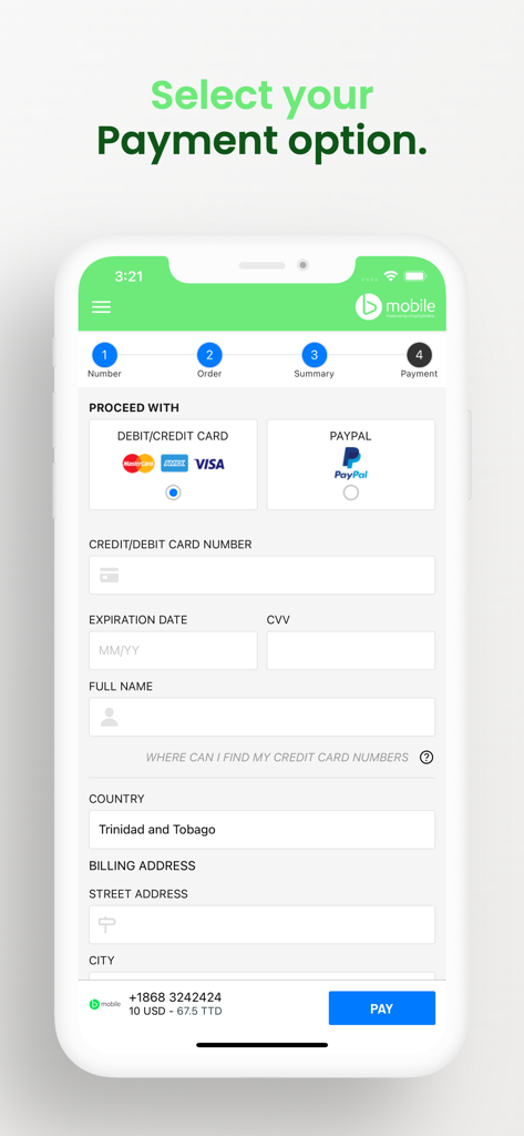 Bmobile Topup - Select payment option screen in the Bmobile Topup app for Trinidad and Tobago mobile recharge