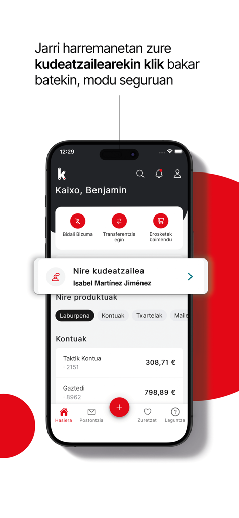 Kutxabank - Kutxabank app dashboard in Basque showing account balances and personal manager contact option