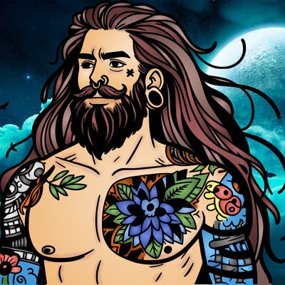 tattooed man with long hair and beard shirtless