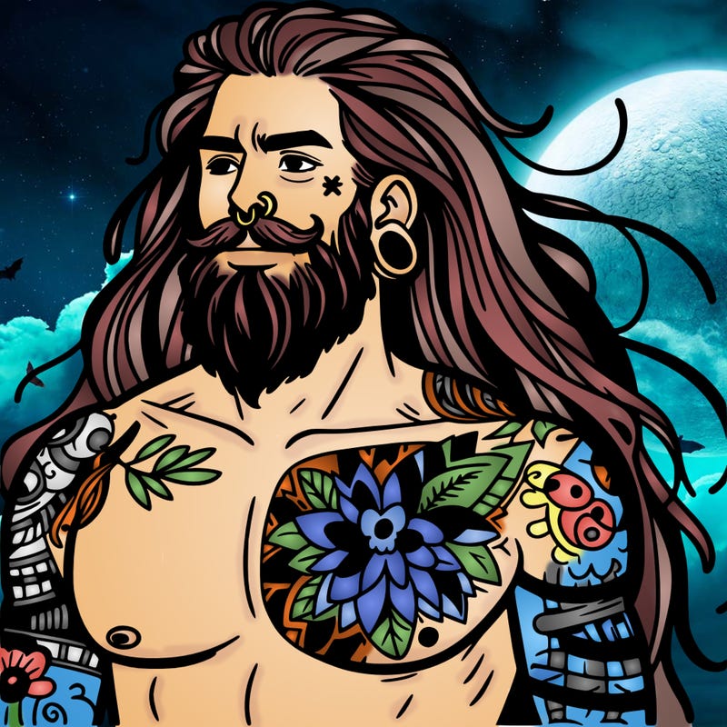 tattooed man with long hair and beard shirtless