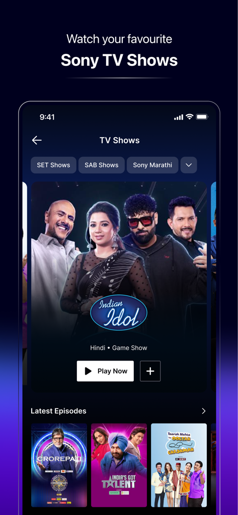 Sony LIV - Interfaccia dell'app Sony LIV che mostra popolari programmi TV indiani, inclusi Indian Idol e Kaun Banega Crorepati