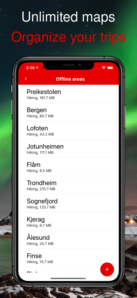 Norgeskart - iPhone screen showing organized offline hiking maps for various Norwegian destinations