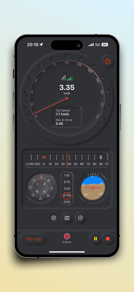 SpeedX: Speedometer, Altimeter - SpeedX app interface showing real-time speedometer compass and attitude indicator