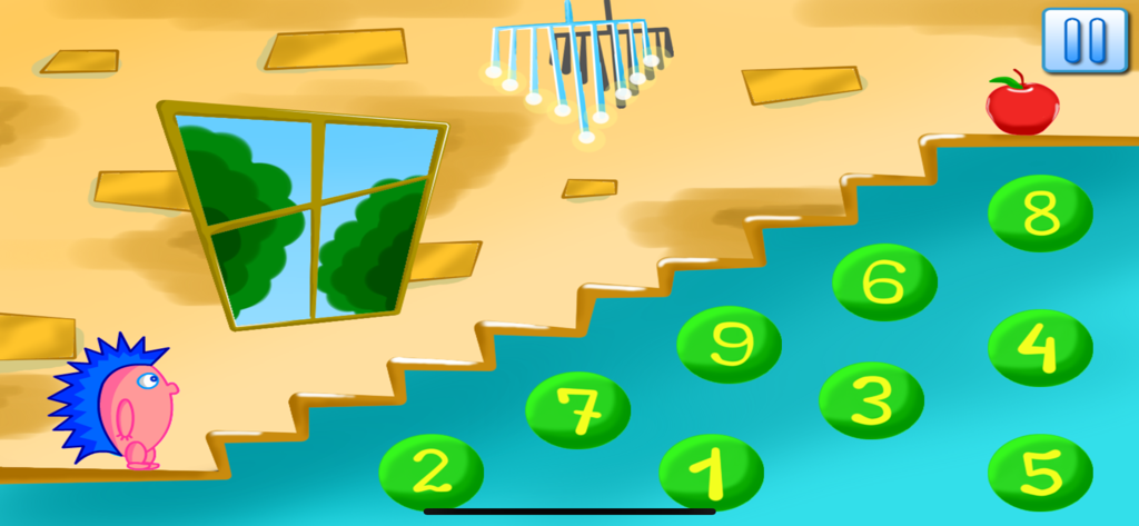 Learning numbers 123 count - Pantalla de juego de contar para preescolares con un personaje de erizo y números del uno al nueve