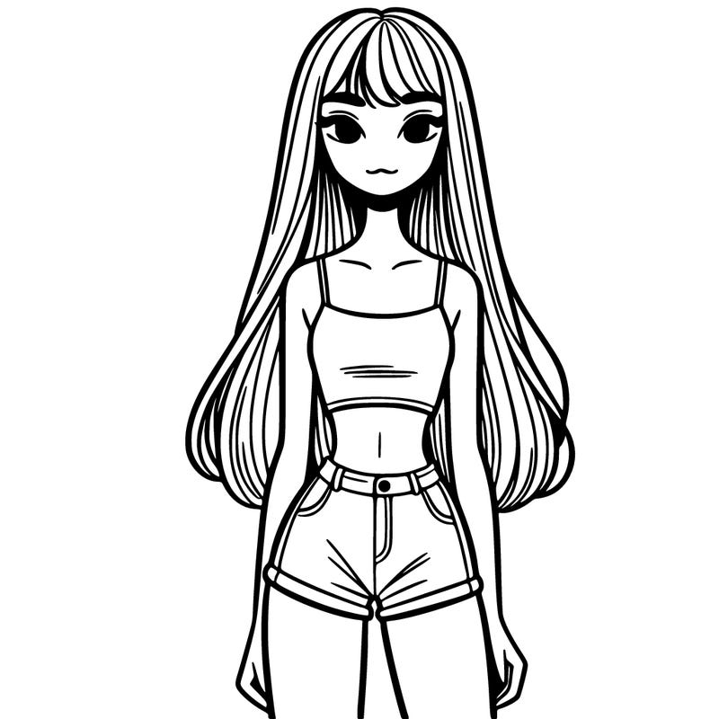 skinny girl with a crop top and short skirt and long hair