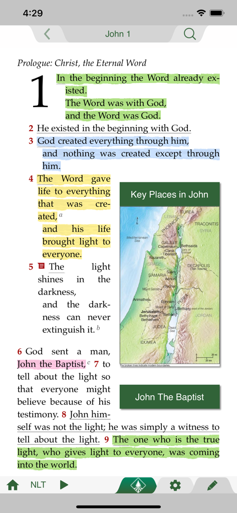Screenshot of the Life Application Study Bible app showing highlighted scripture from John 1 and an embedded map of biblical locations