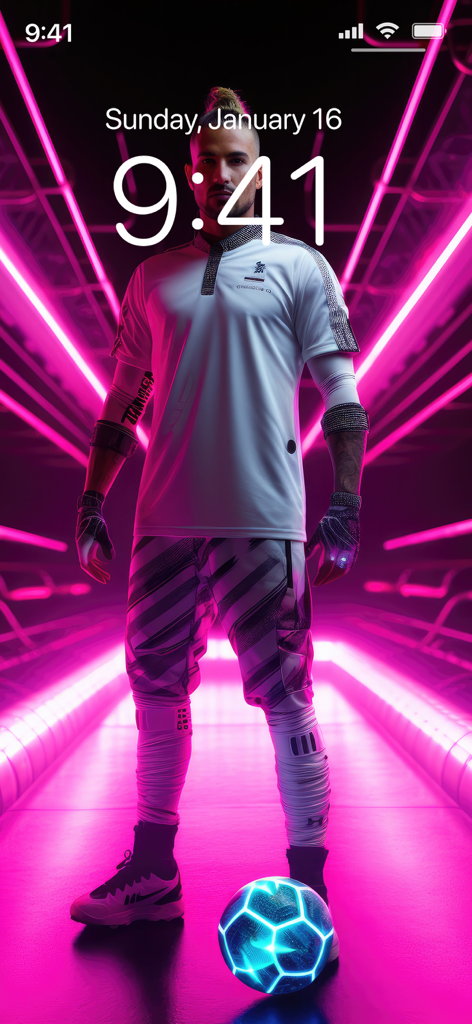 Football Wallpapers 4K | HD - A high-definition futuristic football wallpaper featuring a player in a neon-lit tunnel with a glowing blue ball