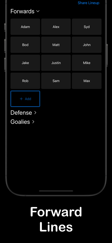 Hockey Liney app interface showing the organization of forward player lines in a grid layout.
