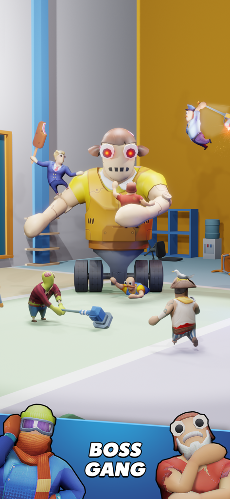 Gang Battle Party: Playground - 혼란스러운 물리 기반 전투 경기장에서 여러 래그돌 캐릭터들에게 둘러싸인 거대한 노란 로봇 보스