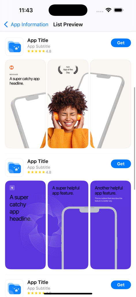 Preview App - Store Simulator - Una simulación de una lista de resultados de búsqueda de la App Store que muestra varios títulos de apps y capturas de pantalla.