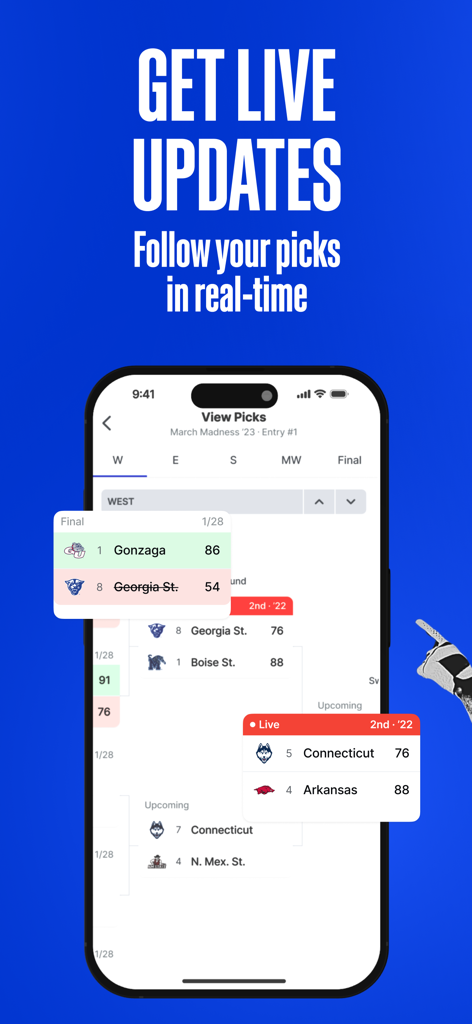 RunYourPool - Interfaz de la aplicación RunYourPool que muestra puntuaciones deportivas en tiempo real y actualizaciones de brackets de torneos en un smartphone