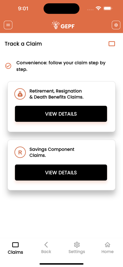 GEPF Self Service - The Track a Claim screen of the GEPF Self Service app featuring retirement and savings claim options.
