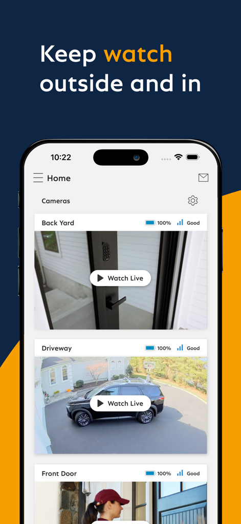 SimpliSafe Home Security App - SimpliSafe mobile App-Oberfläche mit Live-Kamerabildern für die Überwachung des Gartens und der Auffahrt