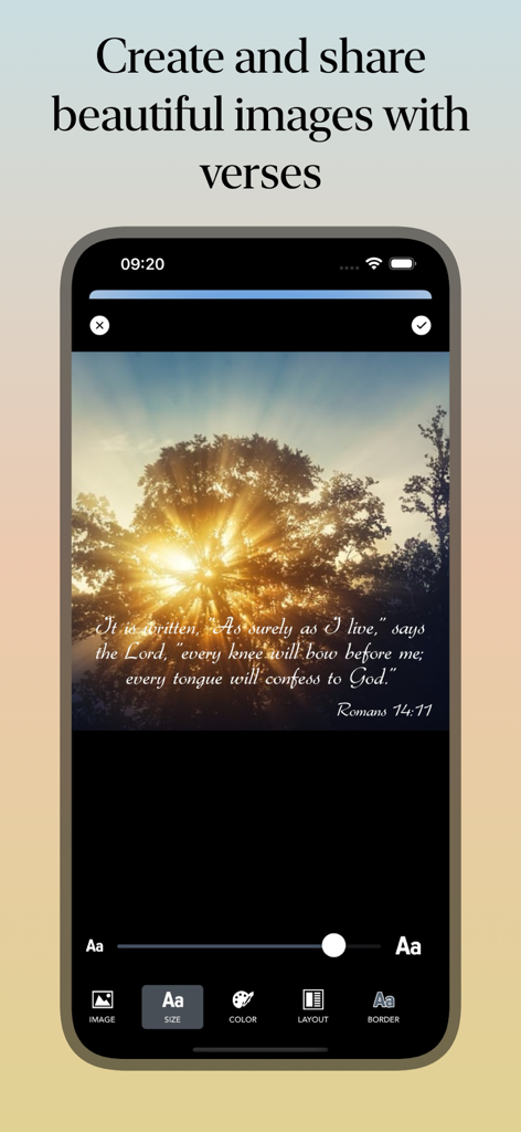 Verse of the day: Daily prayer - Benutzeroberfläche der App „Tagesvers“, die einen Bibelvers über einem landschaftlichen Bild mit Werkzeugen zur Anpassung und Freigabe zeigt.