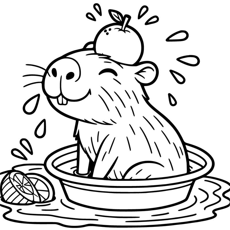 capybara taking a bath and there is an orange on his head