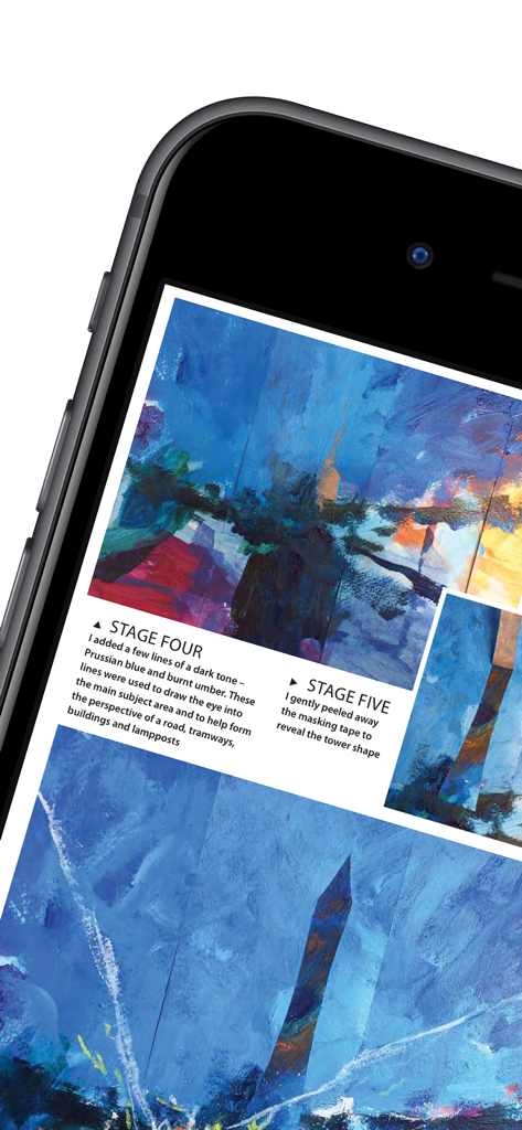 Tutorial di pittura passo passo mostrato su uno schermo mobile nell'app The Artist Magazine.