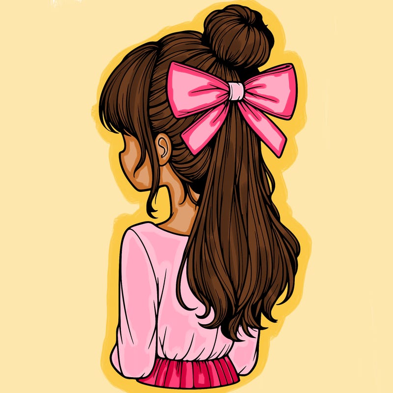 realistic girl  with hip length hair a bun and a big bow on the back of head