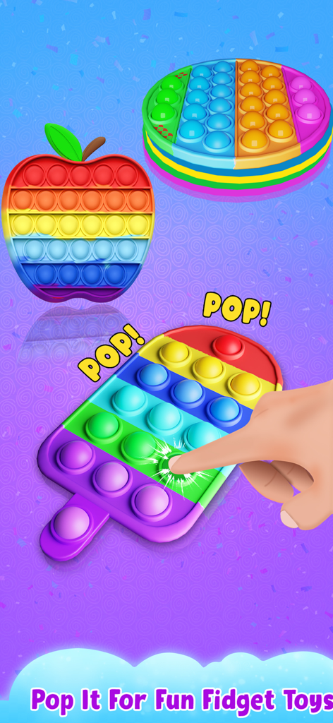 Fidget Toys 3D - Pop It Game - A hand interacting with colorful 3D pop it fidget toys including an apple a circle and a popsicle shape on a purple background