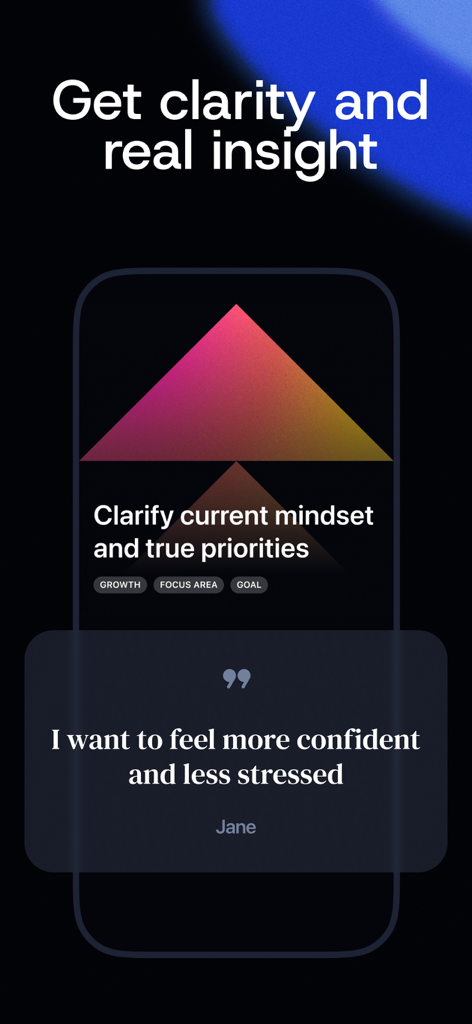Aligned: AI Coaching & Therapy - Schermata dell'app di coaching AI Aligned per chiarire la mentalità e le priorità con una testimonianza utente sulla riduzione dello stress