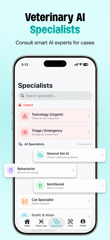 PetMed: Vet Calc & Drugs - A mobile interface for the PetMed app showing different veterinary AI specialist categories including toxicology and triage