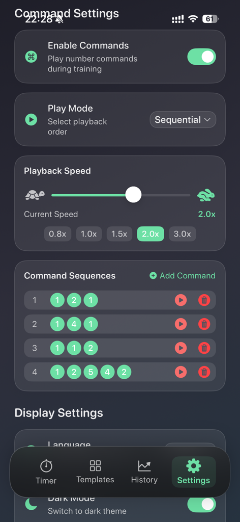 A mobile app settings screen showing boxing voice command sequences and playback speed controls.