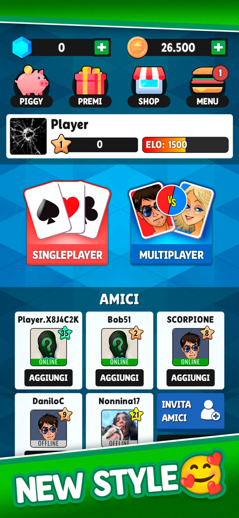 Buraco Plus - Card Game - シングルプレイヤーおよびマルチプレイヤー ゲーム モードとソーシャル友達リストを示すブラコ プラス アプリのメイン メニュー