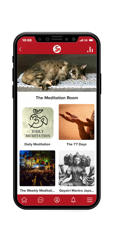 The Meditation Room screen of the Gayatri Sangha app featuring daily meditation and mantra chanting programs