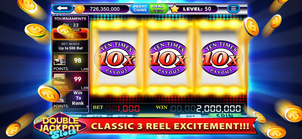 A classic three reel slot machine game screen showing a big win with ten times payout symbols and flying gold coins.