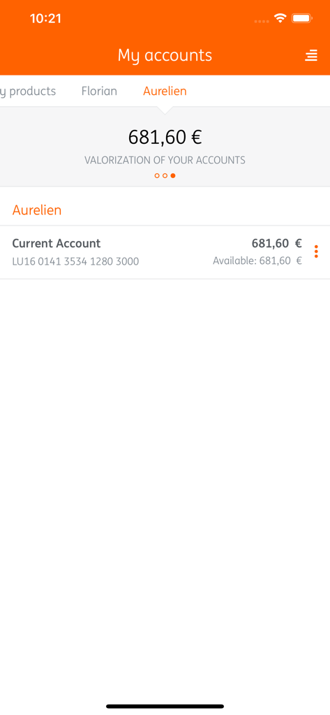 My ING - My ING mobile banking app interface showing a current account balance overview in Euros